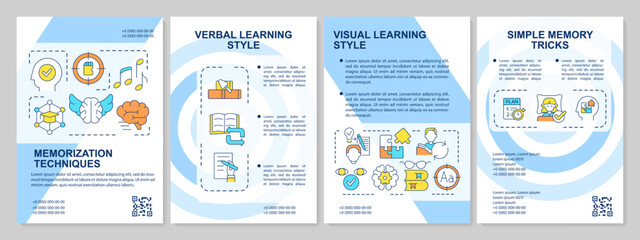 Memorizing methods blue brochure template. Learn style. Psychology. Leaflet design with linear icons. Editable 4 vector layouts for presentation, annual reports. Arial, Myriad Pro-Regular fonts used