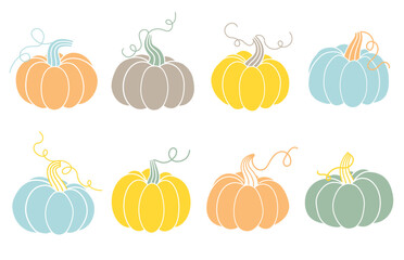 Collection of pumpkins in pastels colors isolated on white background. Thanksgiving and Halloween vector elements. Eps 10