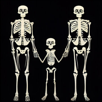 A happy family of skeletons. Children and their parents.