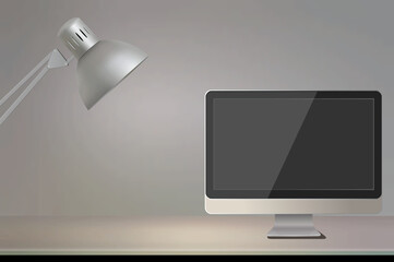 Vector Illustration. Workplace in the office, computer monitor, lamp, template, business concept