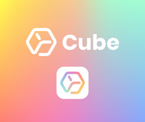 Cube box logo abstract design technology vector template linear style. Logotype concept icon. Hexagon box gradient design.