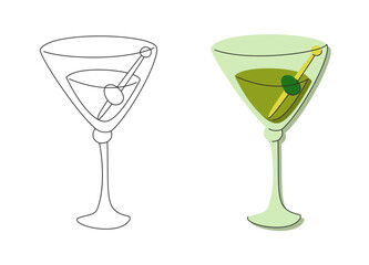 Martini glass with olive on white background. Cartoon sketch graphic design. Flat style. Colored hand drawn image. Party drink concept for restaurant, cafe, party. Freehand drawing style