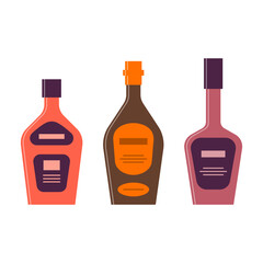 Set bottles of cream brandy liquor. Icon bottle with cap and label. Great design for any purposes. Flat style. Color form. Party drink concept. Simple image shape