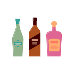 Set bottles of vermouth brandy liquor. Icon bottle with cap and label. Great design for any purposes. Flat style. Color form. Party drink concept. Simple image shape