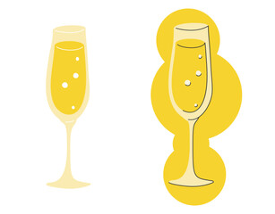 Champagne glass on white background. Cartoon sketch graphic design. Flat style. Conditional colored hand drawn image. Party drink concept for restaurant, cafe. Freehand. Two kinds of illustration