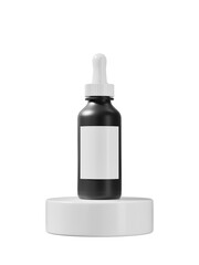 Amber glass cosmetic serum bottle on 3d podium stage