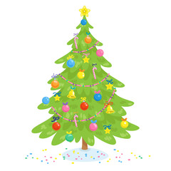 Festive Christmas tree. Decorated with glass balls, golden stars, candies and colored beads. In cartoon style. Isolated on white background. Vector flat illustration.
