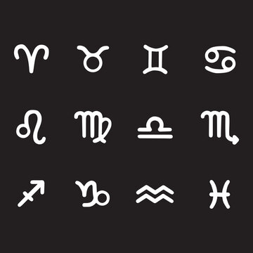 Collection of zodiac signs, simple white line art icons on black background. Flat vector illustration containing horoscope symbols Easy to used to decorate.