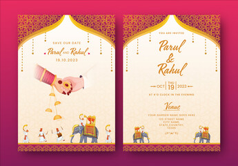 Hindu Wedding invitation with Bride and Groom Holding Hands and Baarat
