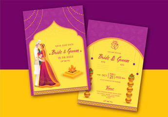 Purple and Yellow Hindu Wedding invitation with traditional bride and groom illustrations and wedding ornaments. 