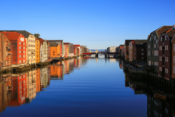 Autumn in Trondheim, view of the river Nidelva and the bridge Bakkebru