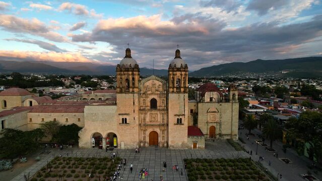 frontal drone shot of santo domingo temple world heritage site in oaxaca city mexico