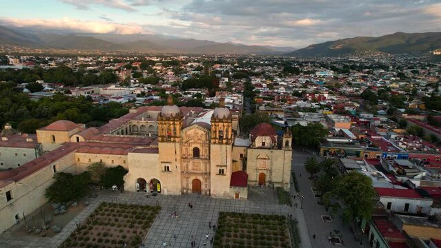 orbital drone shot of santo domingo church in oaxaca mexico