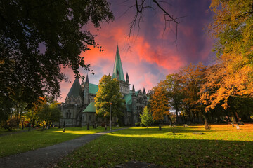 Autumn in Trondheim, view of the cathedral Nidarosdomen