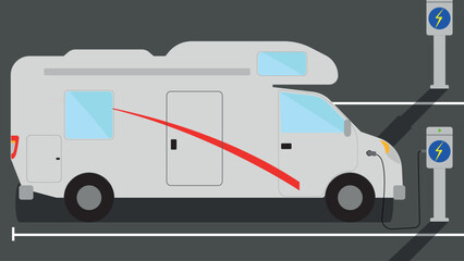 Illustration of an electric motorhome recharging at a charging station.