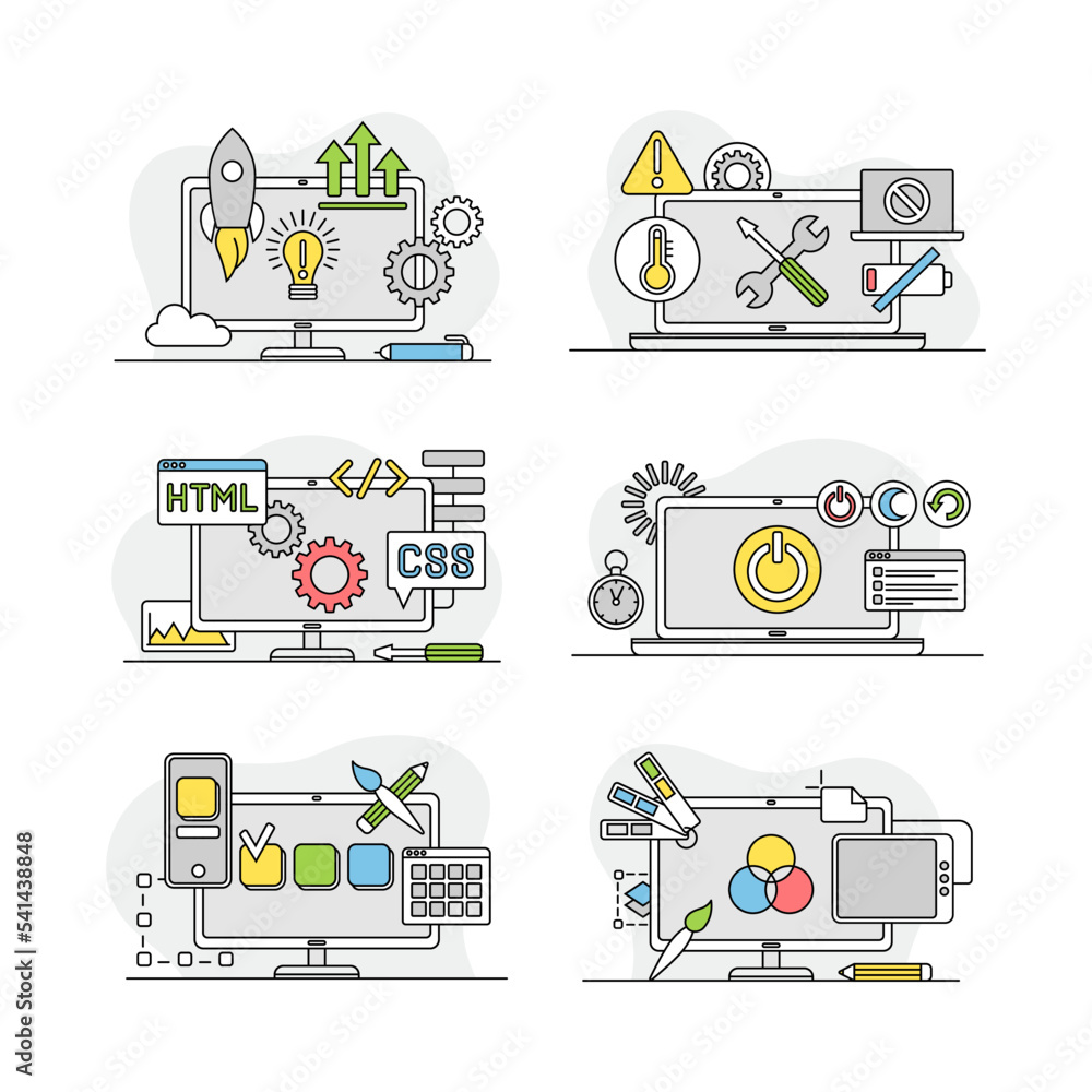 Aufkleber internet services linear signs set. data, information security, technical instruments vector illustr