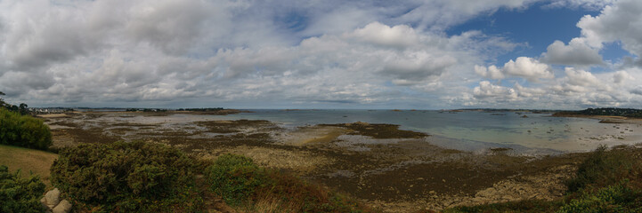Panorama of port of Carantec with sailing boats Callot island on a autumn say, Carantec, Bretagne, France