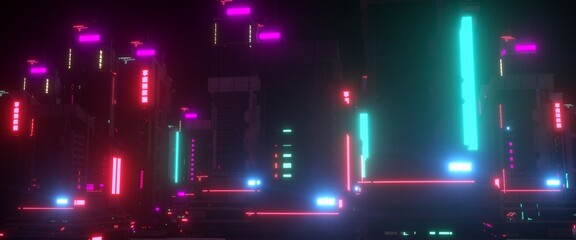 Night city lights. Neon urban future. Futuristic city in a cyberpunk style. Photorealistic 3D illustration. Futuristic skyscrapers with huge luminous billboards.