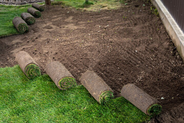 Roll of fresh sod grass planted on a newly landscaped lawn