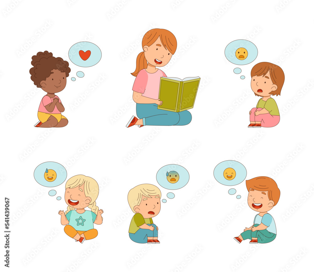 Wall mural teacher reading books to kids set. cute little boys and girls with emojis in speech bubbles over of 