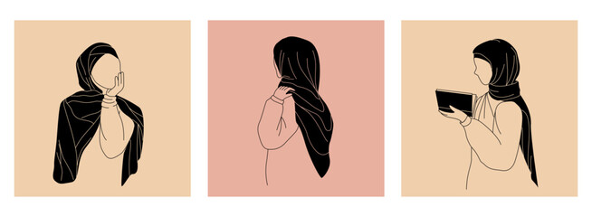 Set vector illustrations of arabian hijab woman. Modern abstract faces fashion muslim girl. Elegant trendy Illustration in simple line art style. 