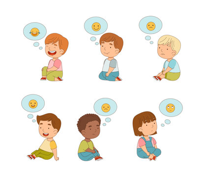 Set of little boys and girls with emojis in speech bubbles over of their heads. Kids imagination cartoon vector illustration