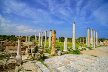 Ruins from the ancient city of Salamis, Famagusta. Salamis columns. Salamis ruins at sunset. Cyprus