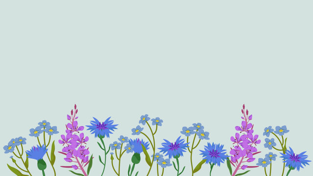 Banner with wildflowers in cartoon style. Beautiful design template.