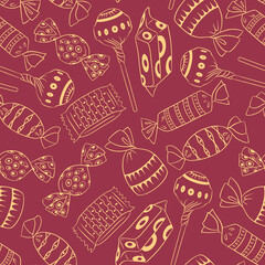 Sweets doodles seamless pattern. Hand drawn objects on red background. Vector illustration.