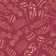 Gordijnen Naadloze herfst Sweets doodles seamless pattern. Hand drawn objects on red background. Vector illustration.  © Alisa