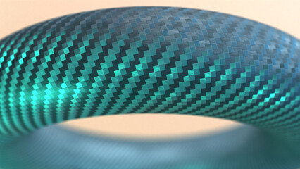 3D hyper-realistic rendering of torus object or doughnut or tire with metallic texture and zigzag plaid pattern resembling woven material or carbon fiber