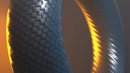 3D hyper-realistic rendering of torus object or doughnut or tire with carbon fiber pattern and texture in dark environment