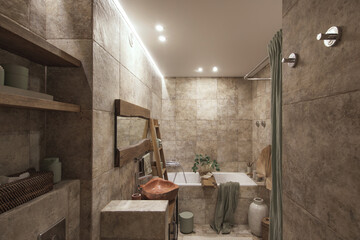 Modern Japandi bathroom interior design in earth tones, natural textures with wooden solid oak furniture. Japandi concept