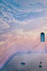 Surrealist composite inspired by the film, The Truman Show. Three boats reach the end of the horizon, the sky is just a background. Stairs lead to a door to the real world. Simulated reality concept. 