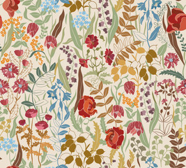 Wildflowers on light background seamless pattern. Vector illustration.