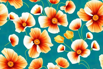 2d illustrated floral seamless border. California poppy flowers, Eschscholtzia. Seamless pattern with coral color flowers, blue leaves and stems. Floral elements isolated on white background.