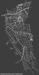 Detailed negative navigation white lines urban street roads map of the STADTMITTE-NEUSTADT MUNICIPALITY of the German regional capital city of Hildesheim, Germany on dark gray background