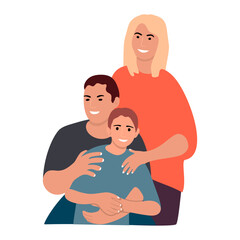 People drawn in vector and isolated on white background.Happy family of mom,dad and teen son.Clipart for design postcards,posters,banners.Cartoon flat style illustration.
