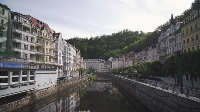 Karlovy Vary or Carlsbad main passage, gimbal slide view from bridge on Tepla river, Czech Republic