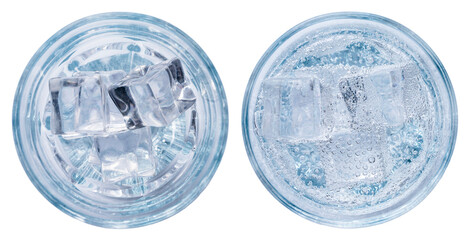 Mineral water or vodka with ice in a glass, top view, isolated on white, macro