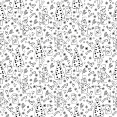 Collection of retro sketches with christmas cartoon doodles. Abstract line drawing. Graphics of modern art. Seamless pattern from decorative textile. Single color lines doodle seamless pattern.