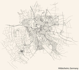Detailed navigation black lines urban street roads map of the German regional capital city of HILDESHEIM, GERMANY on vintage beige background