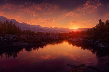 Plakat beautiful sunset river, mountains and forest landscape