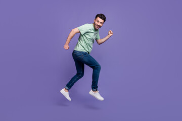 Fototapeta na wymiar Full length profile side photo of crazy man sportsman wear stylish clothes hurry black friday low price isolated on purple color background