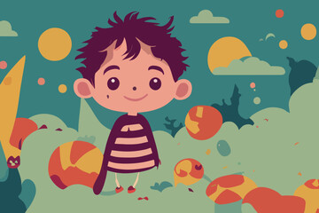 Obraz na płótnie Canvas Child illustration, boy standing and smiling, boy clouds