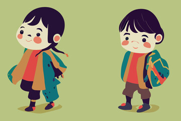 Child illustration, girls walking and smiling, girls