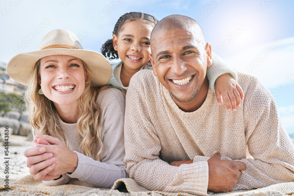 Sticker Diversity, happy family and travel vacation relax together bonding on beach. Portrait of mother, father and child happiness smile, calm and outdoor summer sunshine on ocean sand holiday lifestyle