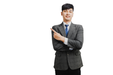 Asian handsome businessman in suit pointing to present