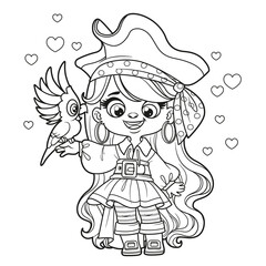 Cute cartoon long haired pirate girl with  parrot on hand outlined for coloring page on white background