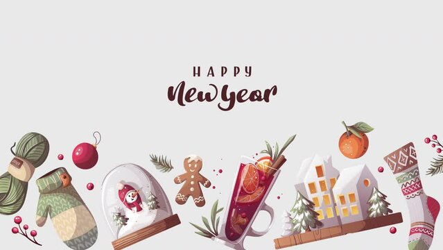 Happy New Year video card. Knitted clothes, snow globe, mulled wine. Cozy winter, home comfort, holidays concept. Animation video.